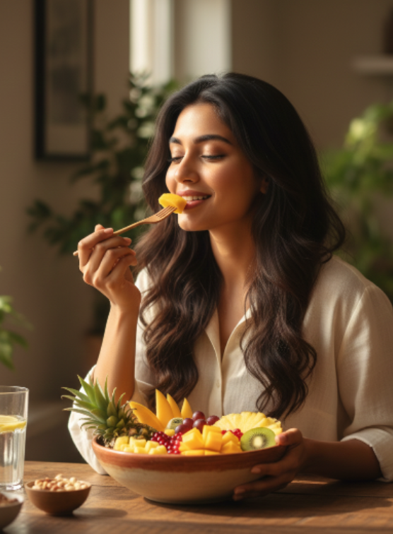 a girl eating fruits
