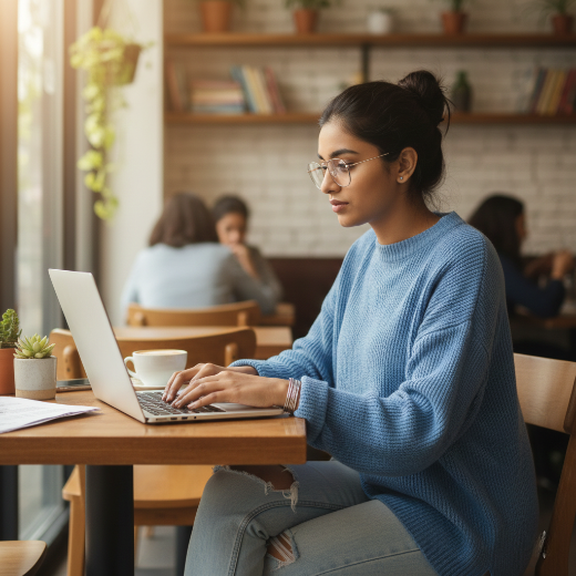 a girl typing in laptop
